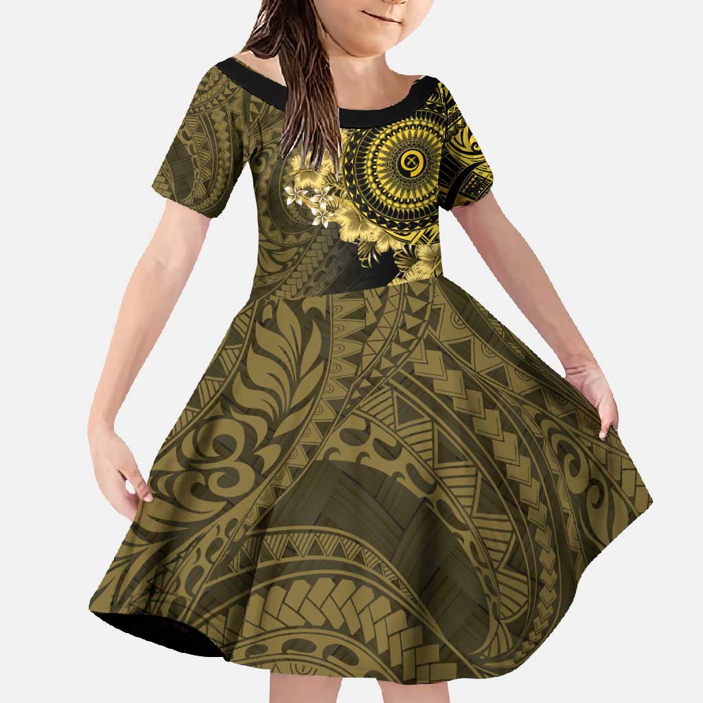 Vanuatu Family Matching Long Sleeve Bodycon Dress and Hawaiian Shirt Hibisus Polynesian Pattern Gold - Polynesian Pride