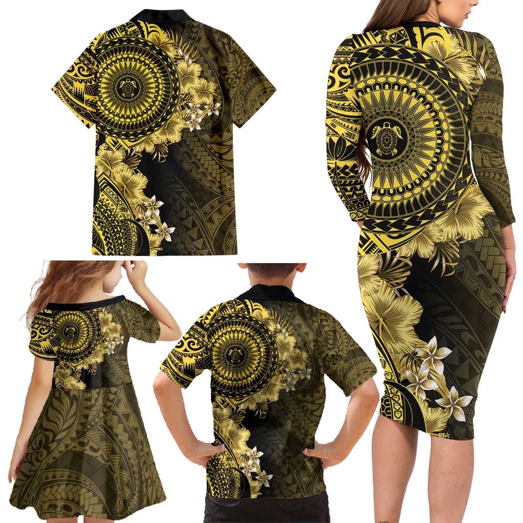 Vanuatu Family Matching Long Sleeve Bodycon Dress and Hawaiian Shirt Hibisus Polynesian Pattern Gold - Polynesian Pride