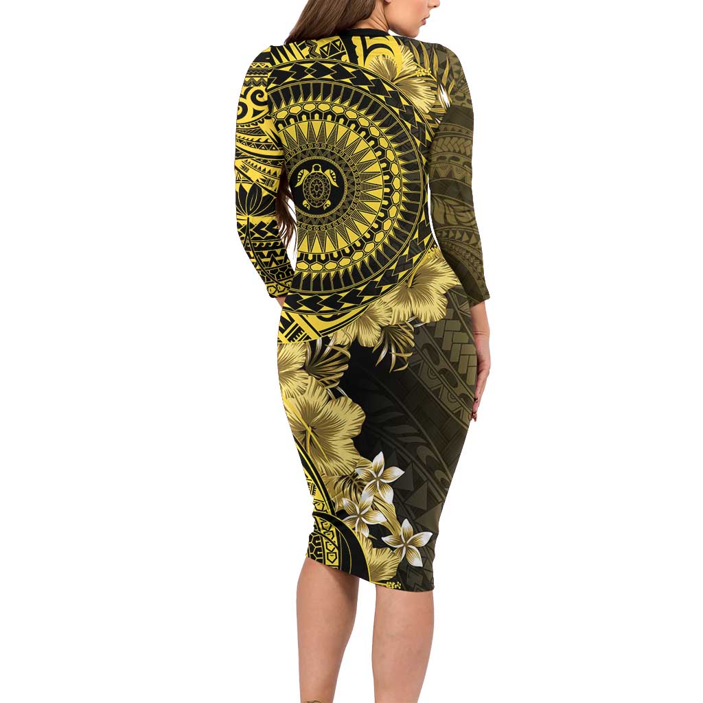 Vanuatu Family Matching Long Sleeve Bodycon Dress and Hawaiian Shirt Hibisus Polynesian Pattern Gold - Polynesian Pride