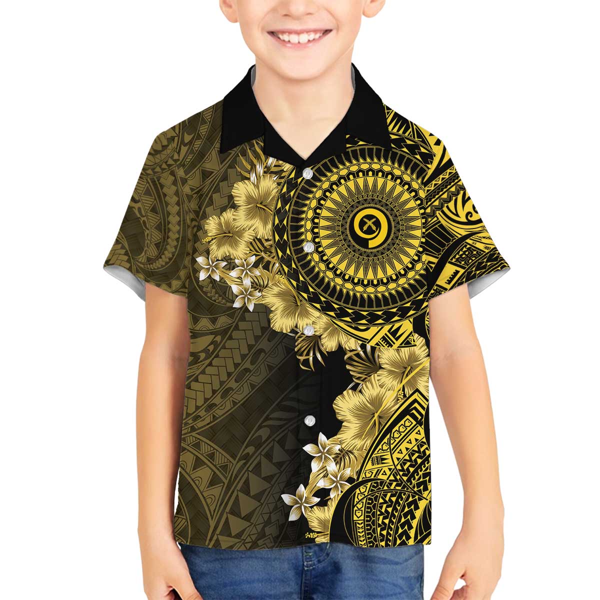Vanuatu Family Matching Off The Shoulder Long Sleeve Dress and Hawaiian Shirt Hibisus Polynesian Pattern Gold - Polynesian Pride