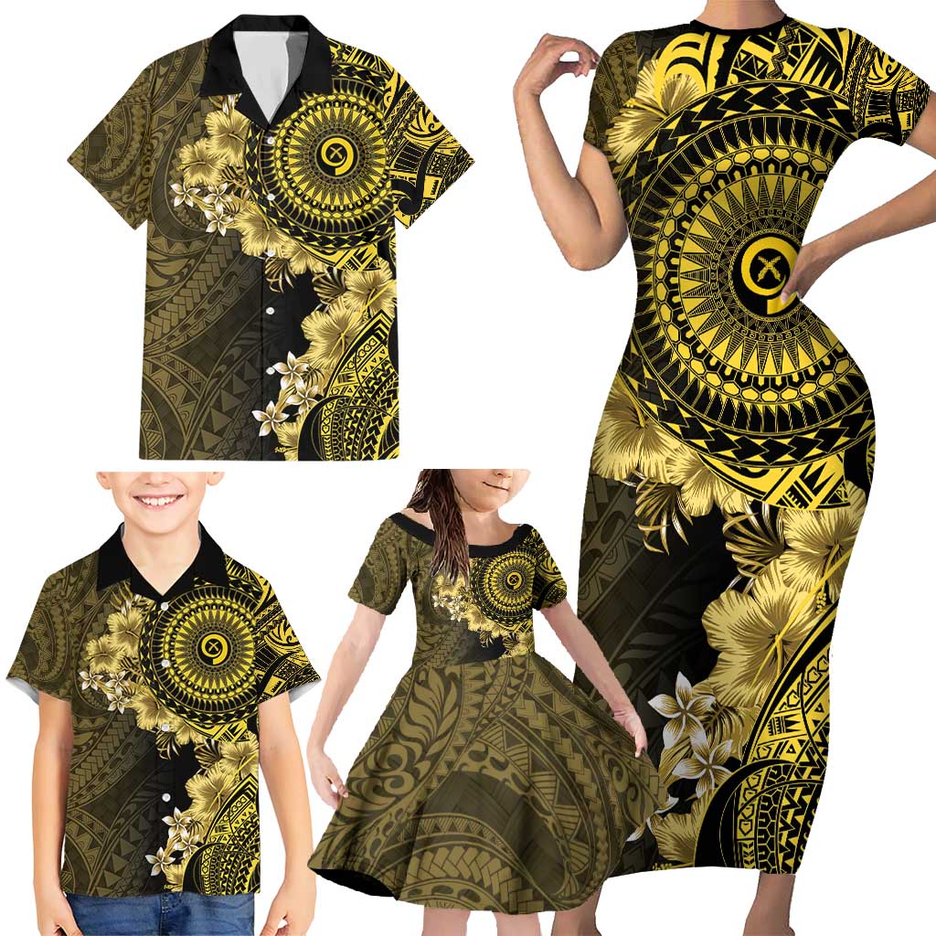 Vanuatu Family Matching Short Sleeve Bodycon Dress and Hawaiian Shirt Hibisus Polynesian Pattern Gold - Polynesian Pride