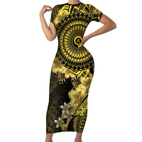 Vanuatu Family Matching Short Sleeve Bodycon Dress and Hawaiian Shirt Hibisus Polynesian Pattern Gold - Polynesian Pride
