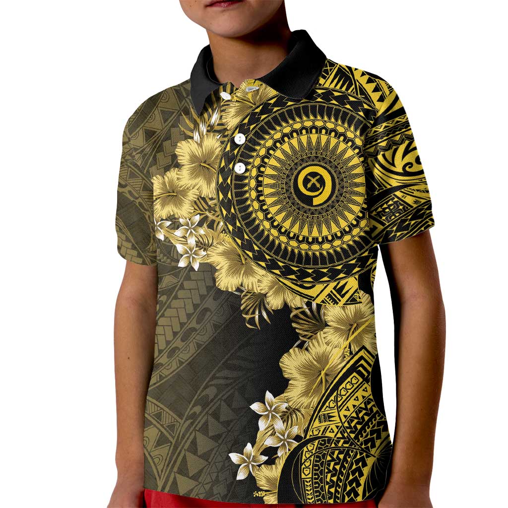 Vanuatu Kid Polo Shirt Hibisus Polynesian Pattern Gold - Polynesian Pride