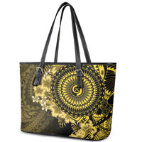 Vanuatu Leather Tote Bag Hibisus Polynesian Pattern Gold - Polynesian Pride