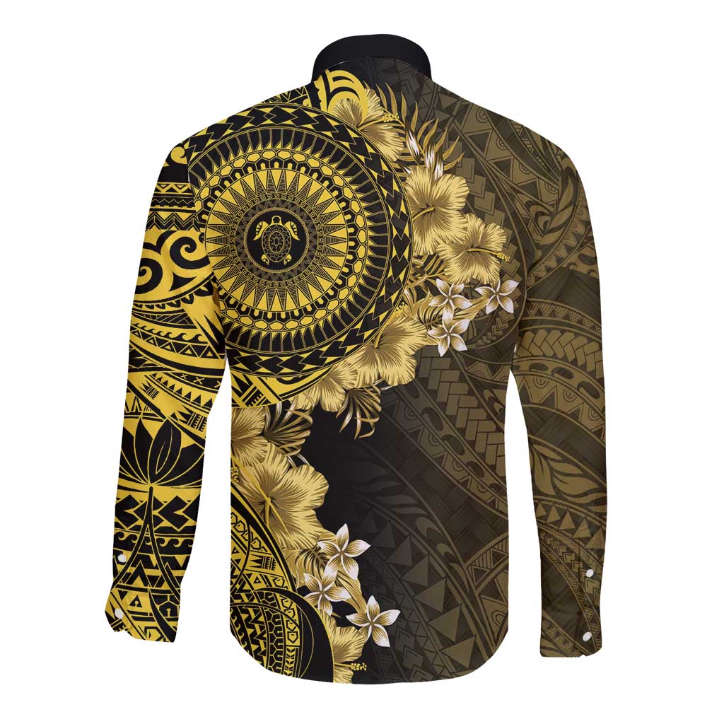 Vanuatu Long Sleeve Button Shirt Hibisus Polynesian Pattern Gold - Polynesian Pride