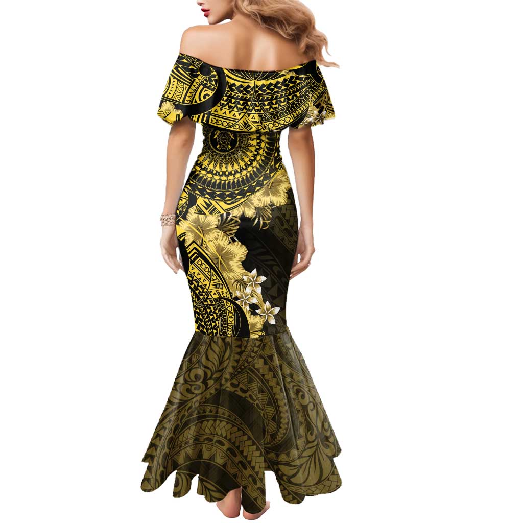 Vanuatu Mermaid Dress Hibisus Polynesian Pattern Gold - Polynesian Pride