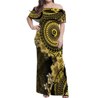 Vanuatu Off Shoulder Maxi Dress Hibisus Polynesian Pattern Gold - Polynesian Pride