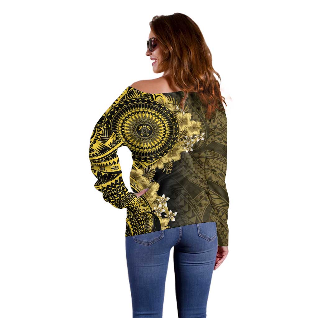 Vanuatu Off Shoulder Sweater Hibisus Polynesian Pattern Gold - Polynesian Pride