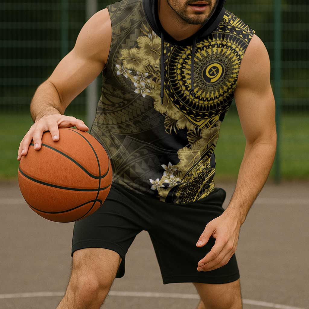 Vanuatu Sleeveless Hoodie Hibisus Polynesian Pattern Gold LT14 - Polynesian Pride