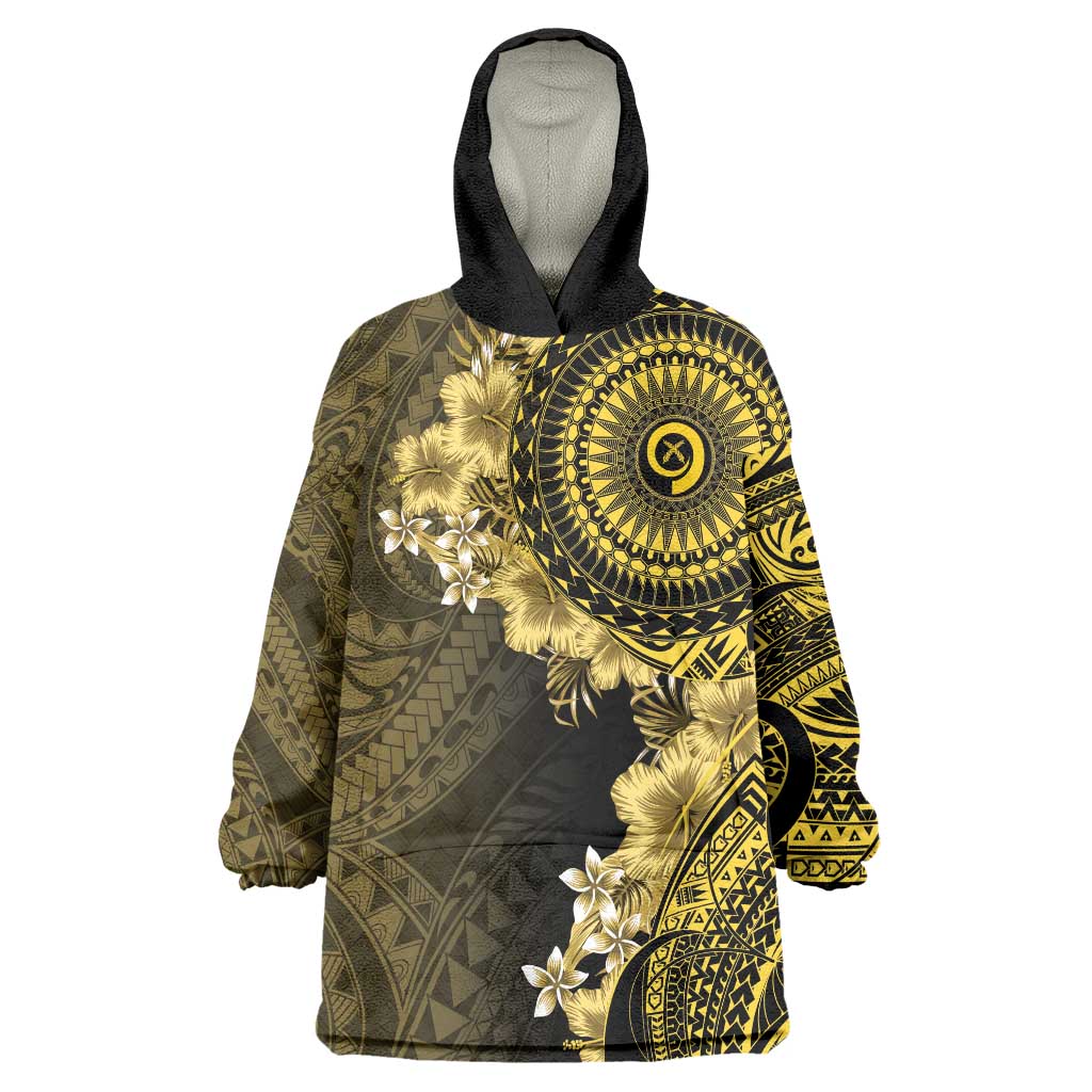 Vanuatu Wearable Blanket Hoodie Hibisus Polynesian Pattern Gold - Polynesian Pride