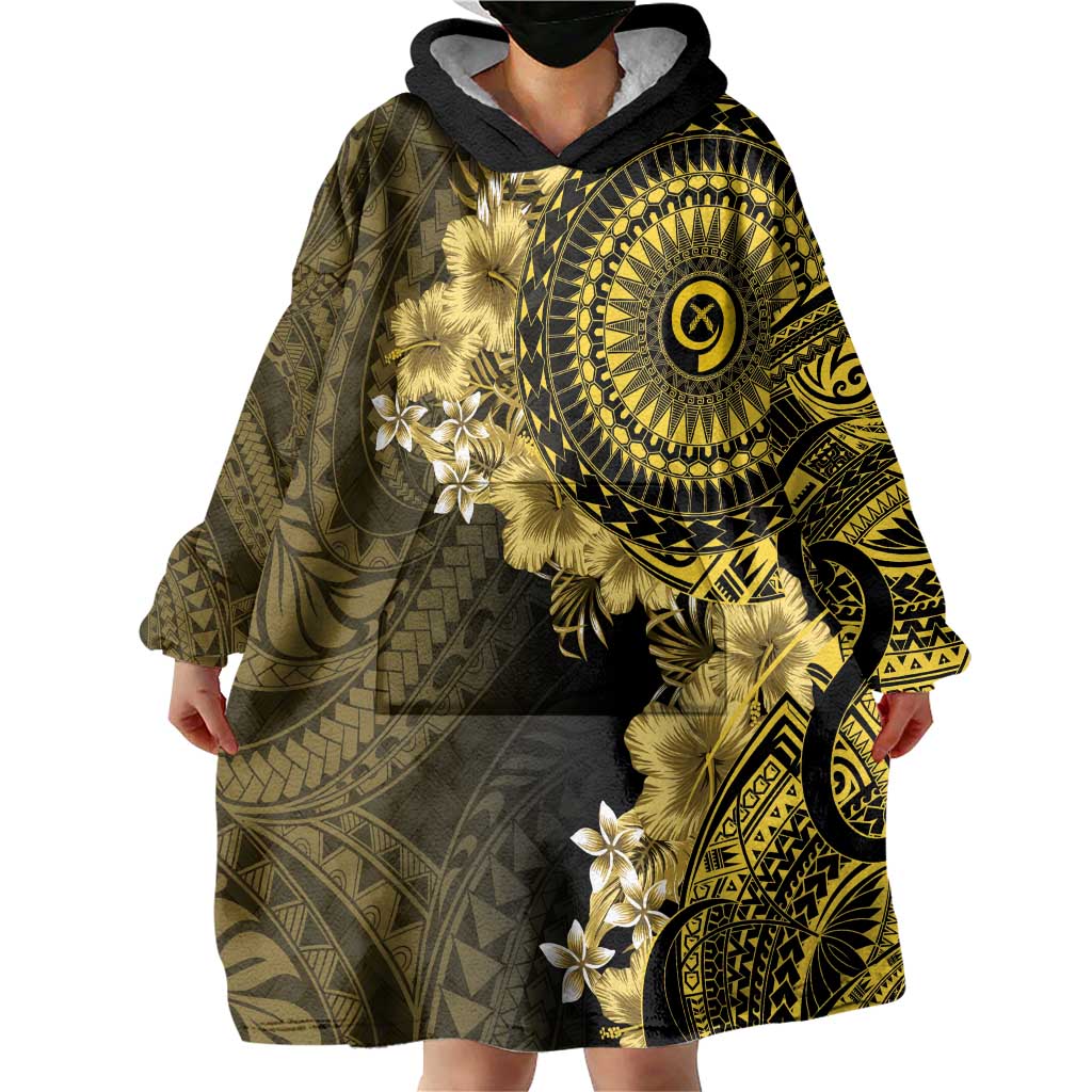 Vanuatu Wearable Blanket Hoodie Hibisus Polynesian Pattern Gold - Polynesian Pride