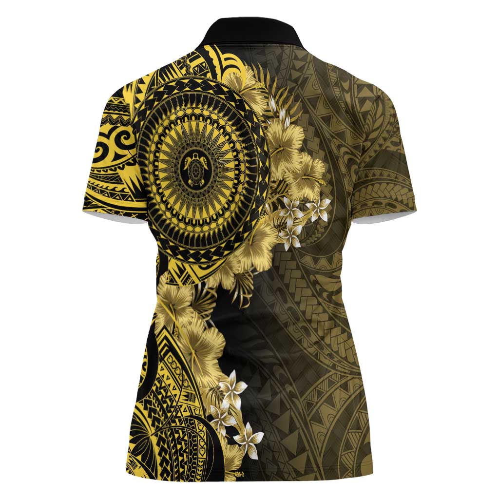 Vanuatu Women Polo Shirt Hibisus Polynesian Pattern Gold - Polynesian Pride