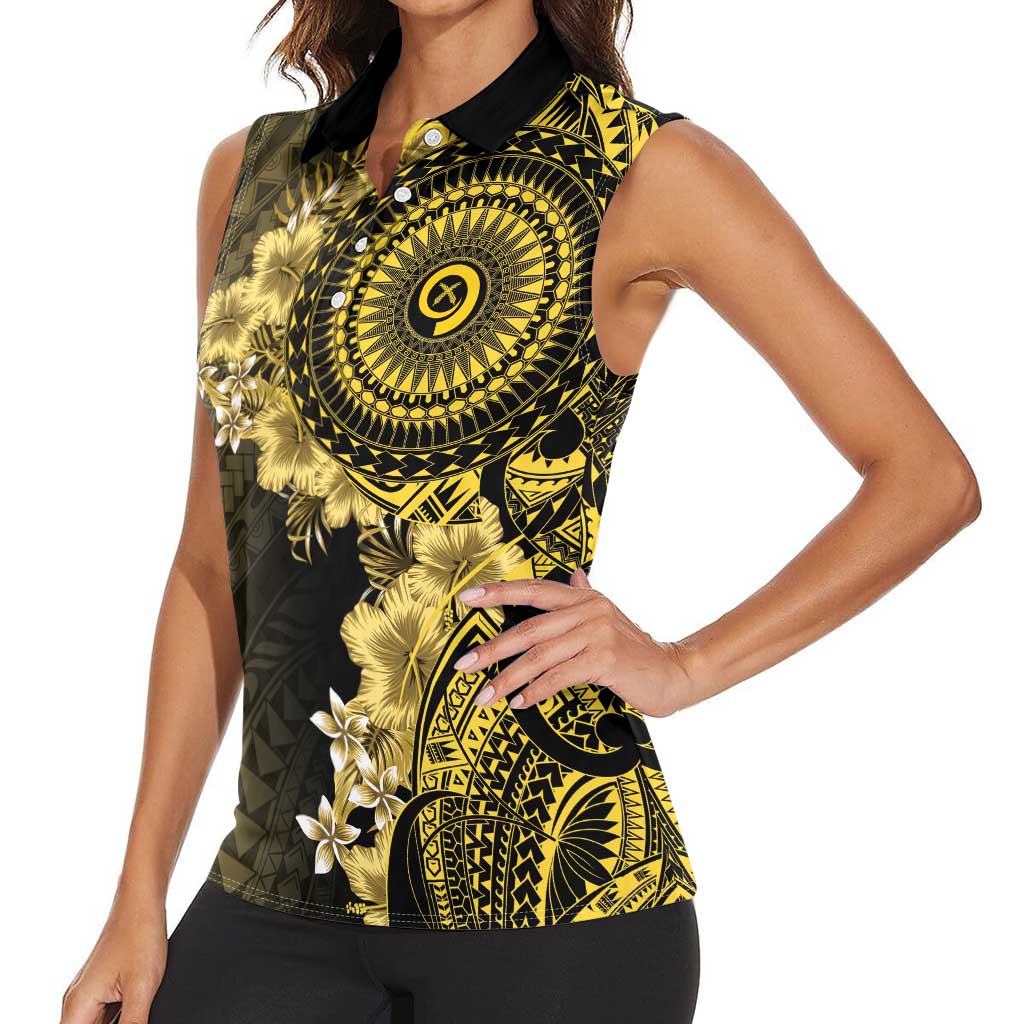 Vanuatu Women Sleeveless Polo Shirt Hibisus Polynesian Pattern Gold - Polynesian Pride
