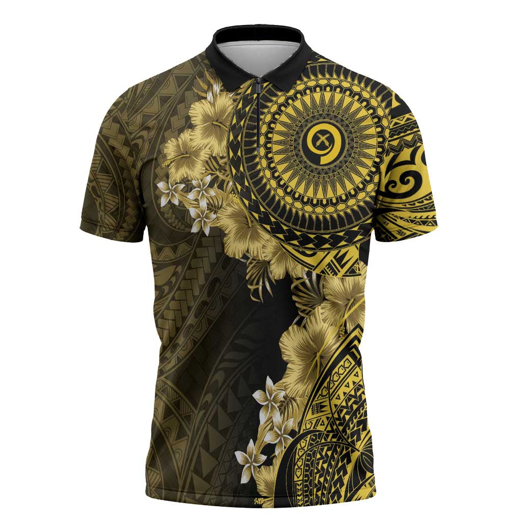Vanuatu Zipper Polo Shirt Hibisus Polynesian Pattern Gold - Polynesian Pride