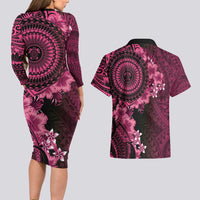 Vanuatu Couples Matching Long Sleeve Bodycon Dress and Hawaiian Shirt Hibisus Polynesian Pattern Pink - Polynesian Pride