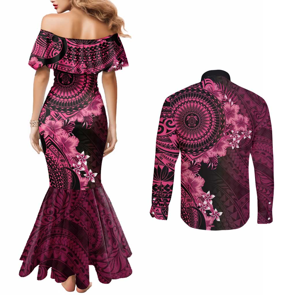 Vanuatu Couples Matching Mermaid Dress and Long Sleeve Button Shirt Hibisus Polynesian Pattern Pink - Polynesian Pride