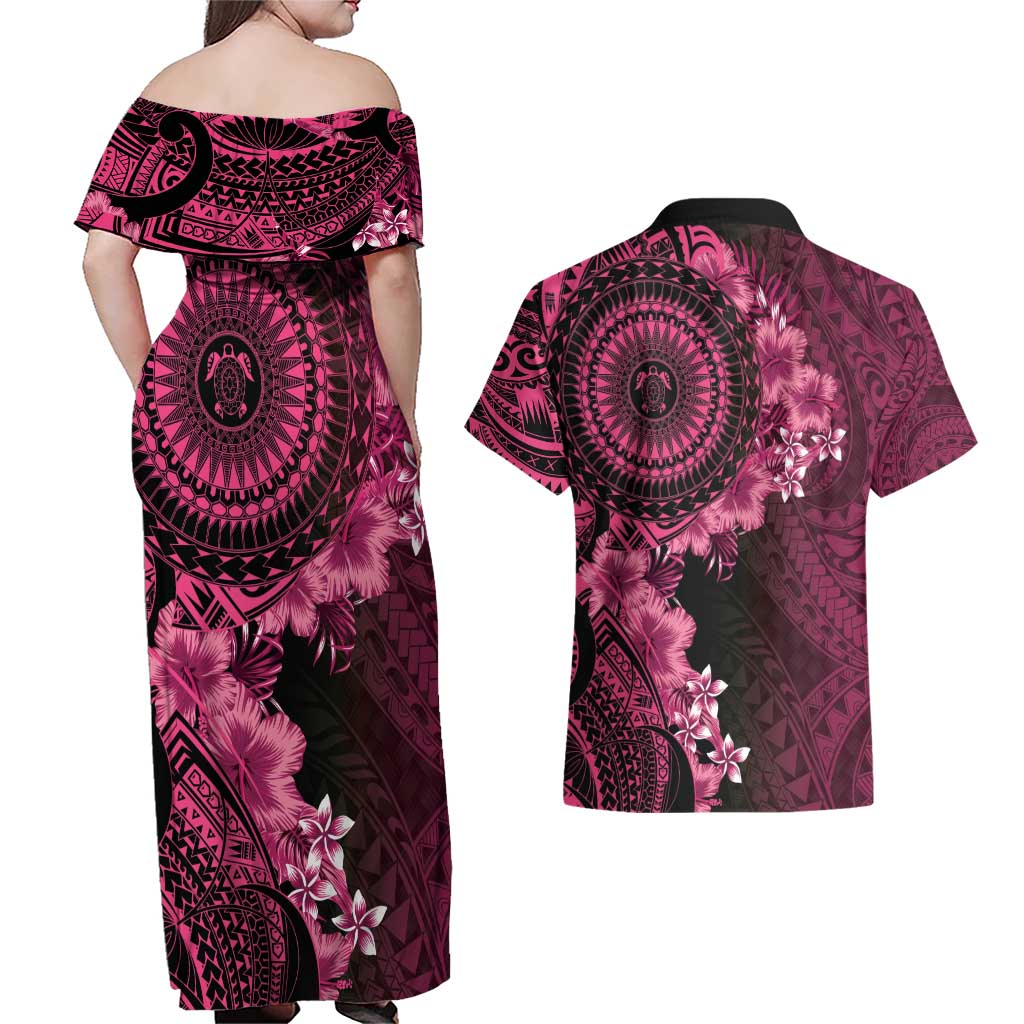 Vanuatu Couples Matching Off Shoulder Maxi Dress and Hawaiian Shirt Hibisus Polynesian Pattern Pink - Polynesian Pride
