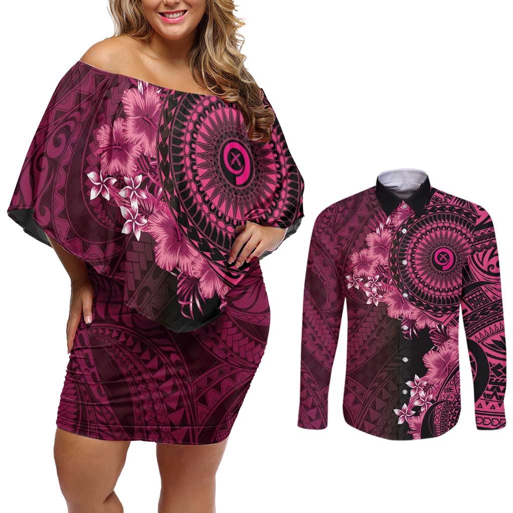 Vanuatu Couples Matching Off Shoulder Short Dress and Long Sleeve Button Shirt Hibisus Polynesian Pattern Pink - Polynesian Pride