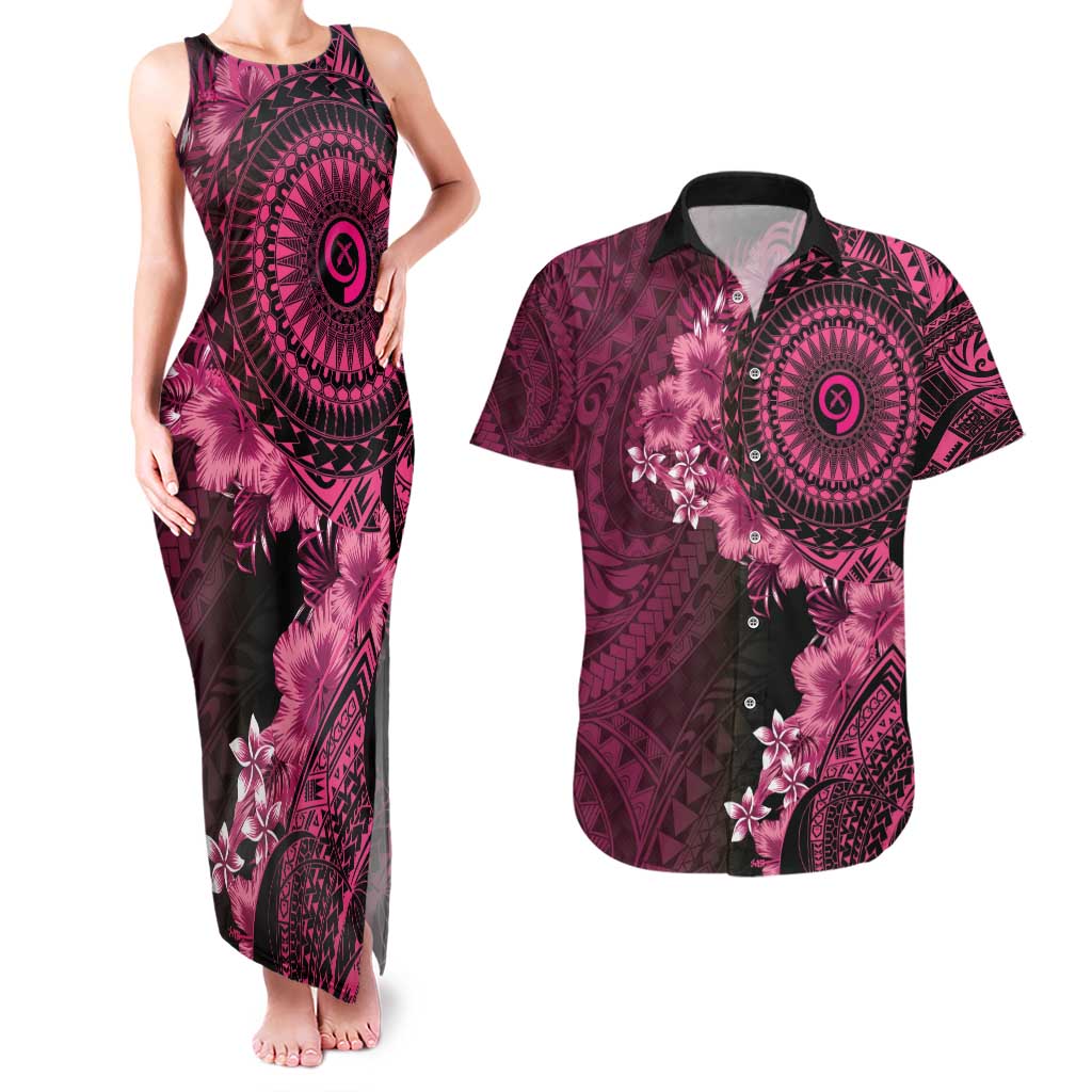 Vanuatu Couples Matching Tank Maxi Dress and Hawaiian Shirt Hibisus Polynesian Pattern Pink - Polynesian Pride