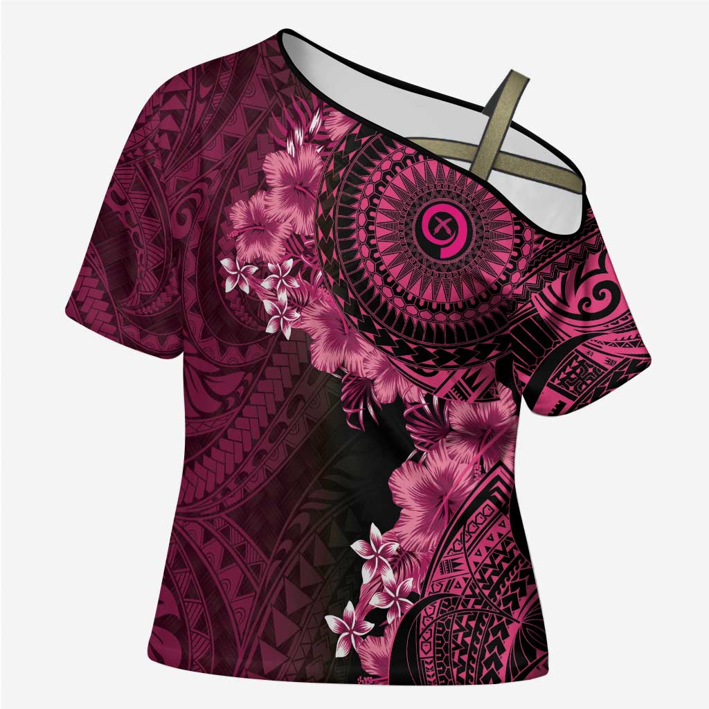 Vanuatu Cross Shoulder Shirt Hibisus Polynesian Pattern Pink - Polynesian Pride