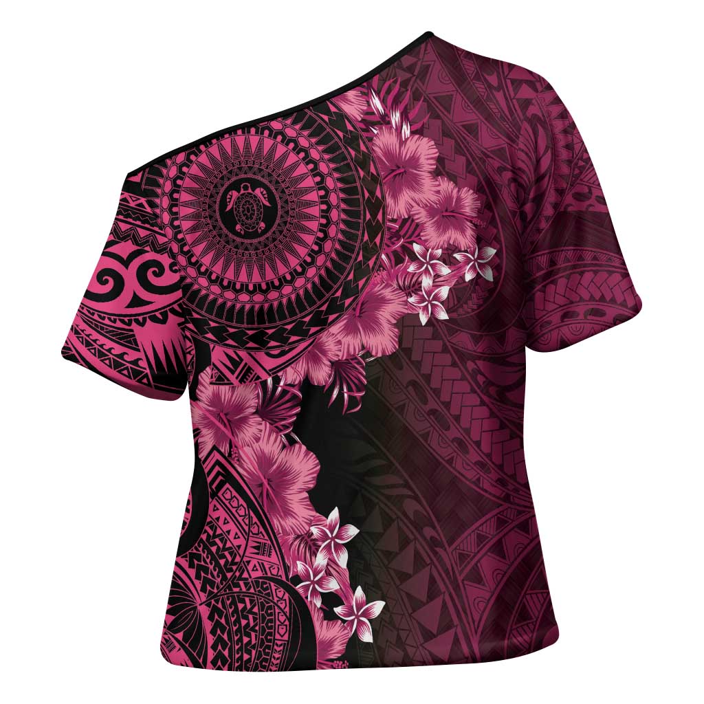 Vanuatu Cross Shoulder Shirt Hibisus Polynesian Pattern Pink - Polynesian Pride