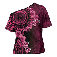 Vanuatu Cross Shoulder Shirt Hibisus Polynesian Pattern Pink - Polynesian Pride