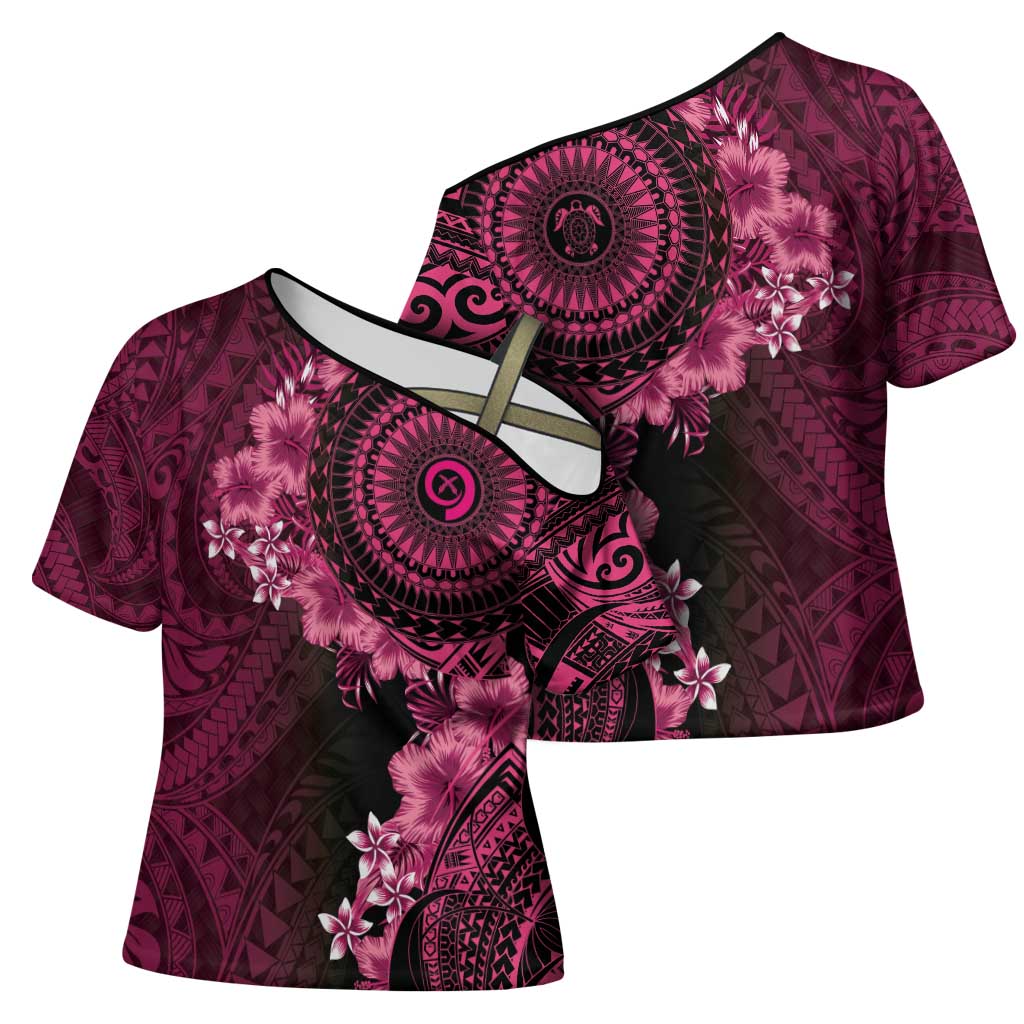 Vanuatu Cross Shoulder Shirt Hibisus Polynesian Pattern Pink - Polynesian Pride