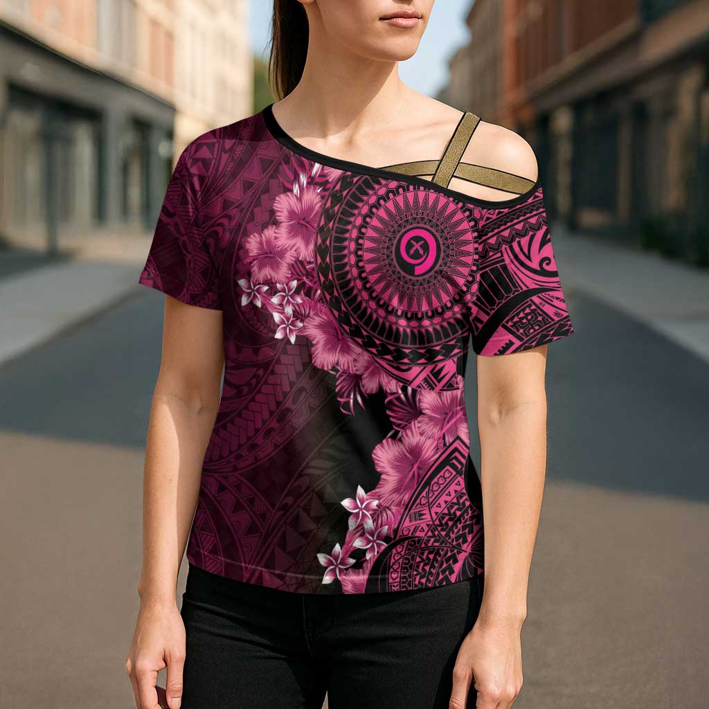 Vanuatu Cross Shoulder Shirt Hibisus Polynesian Pattern Pink - Polynesian Pride