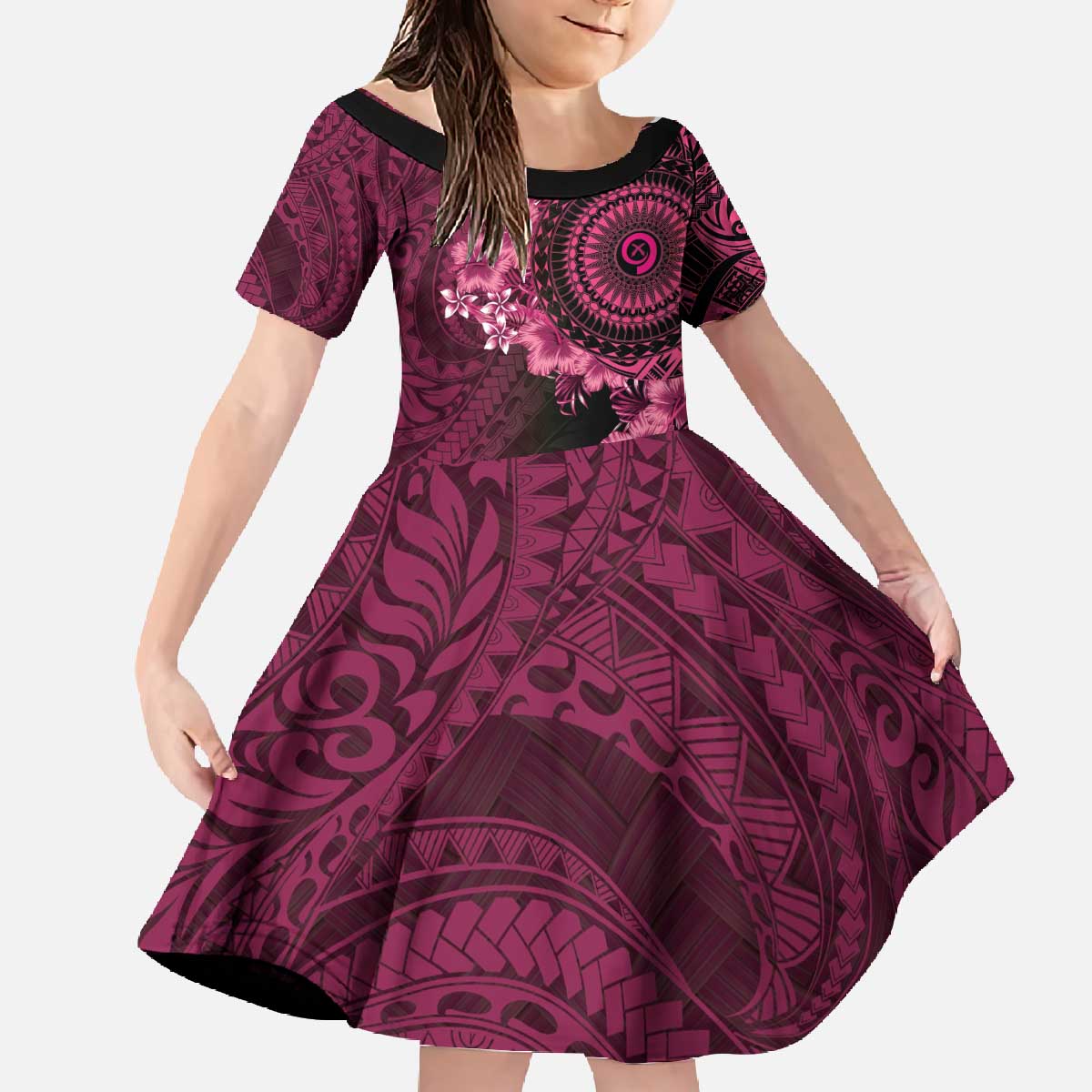 Vanuatu Family Matching Off The Shoulder Long Sleeve Dress and Hawaiian Shirt Hibisus Polynesian Pattern Pink - Polynesian Pride