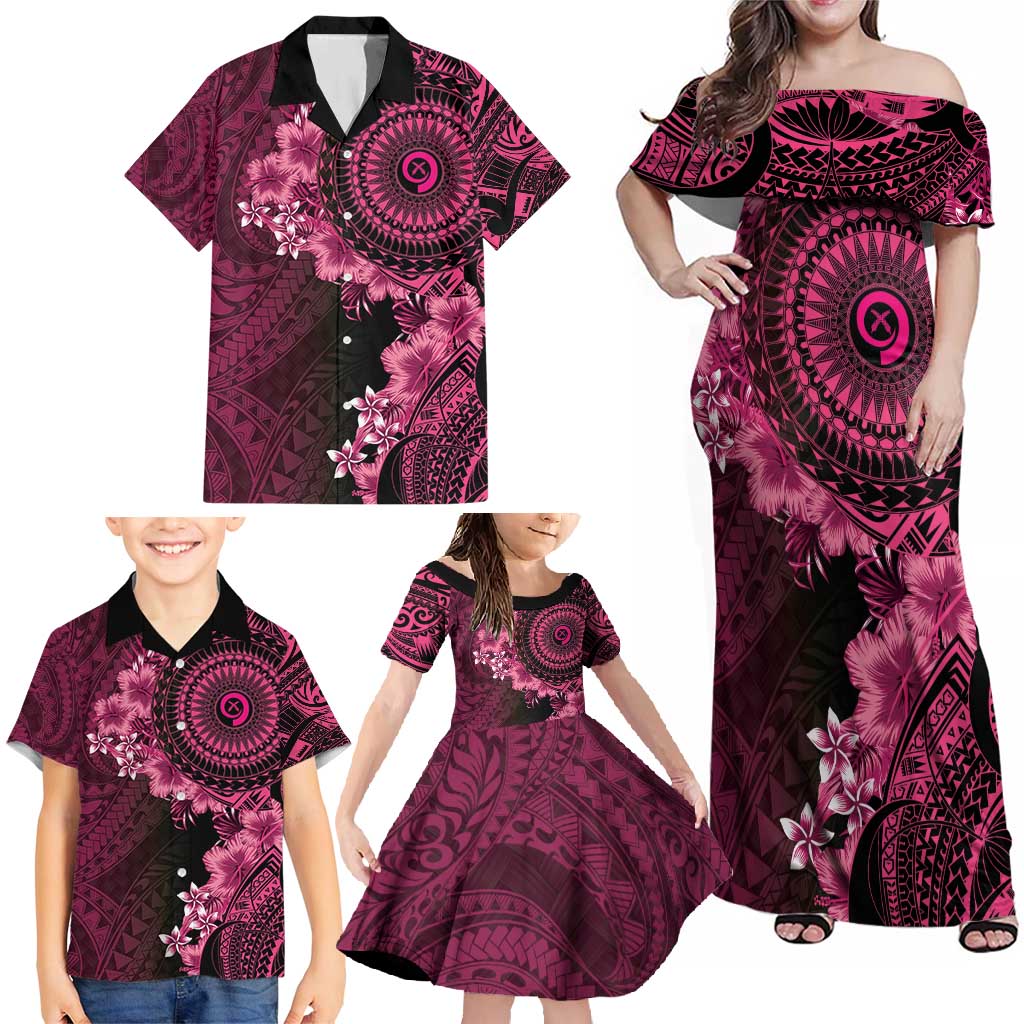 Vanuatu Family Matching Off Shoulder Maxi Dress and Hawaiian Shirt Hibisus Polynesian Pattern Pink - Polynesian Pride