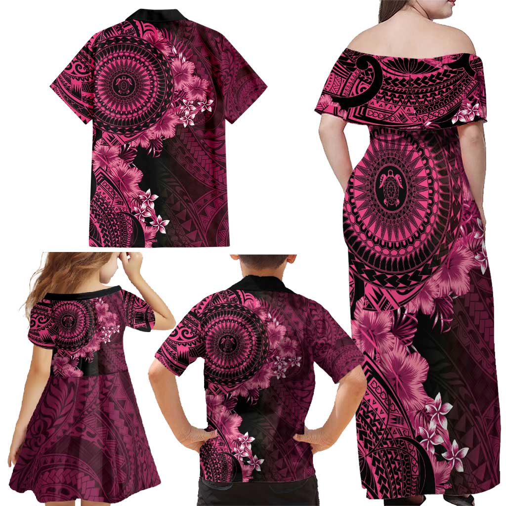 Vanuatu Family Matching Off Shoulder Maxi Dress and Hawaiian Shirt Hibisus Polynesian Pattern Pink - Polynesian Pride