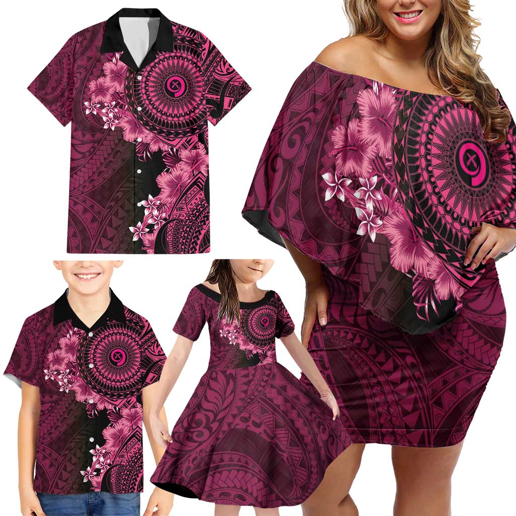 Vanuatu Family Matching Off Shoulder Short Dress and Hawaiian Shirt Hibisus Polynesian Pattern Pink - Polynesian Pride