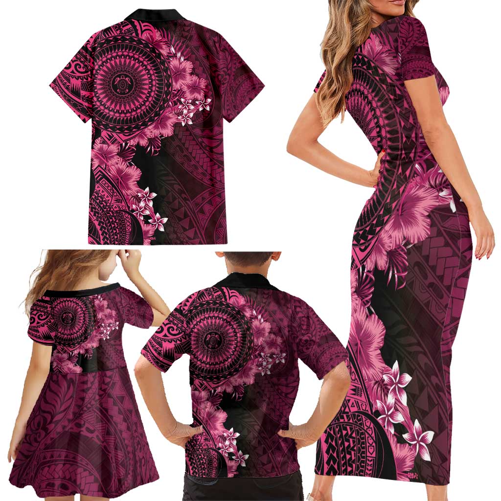 Vanuatu Family Matching Short Sleeve Bodycon Dress and Hawaiian Shirt Hibisus Polynesian Pattern Pink - Polynesian Pride