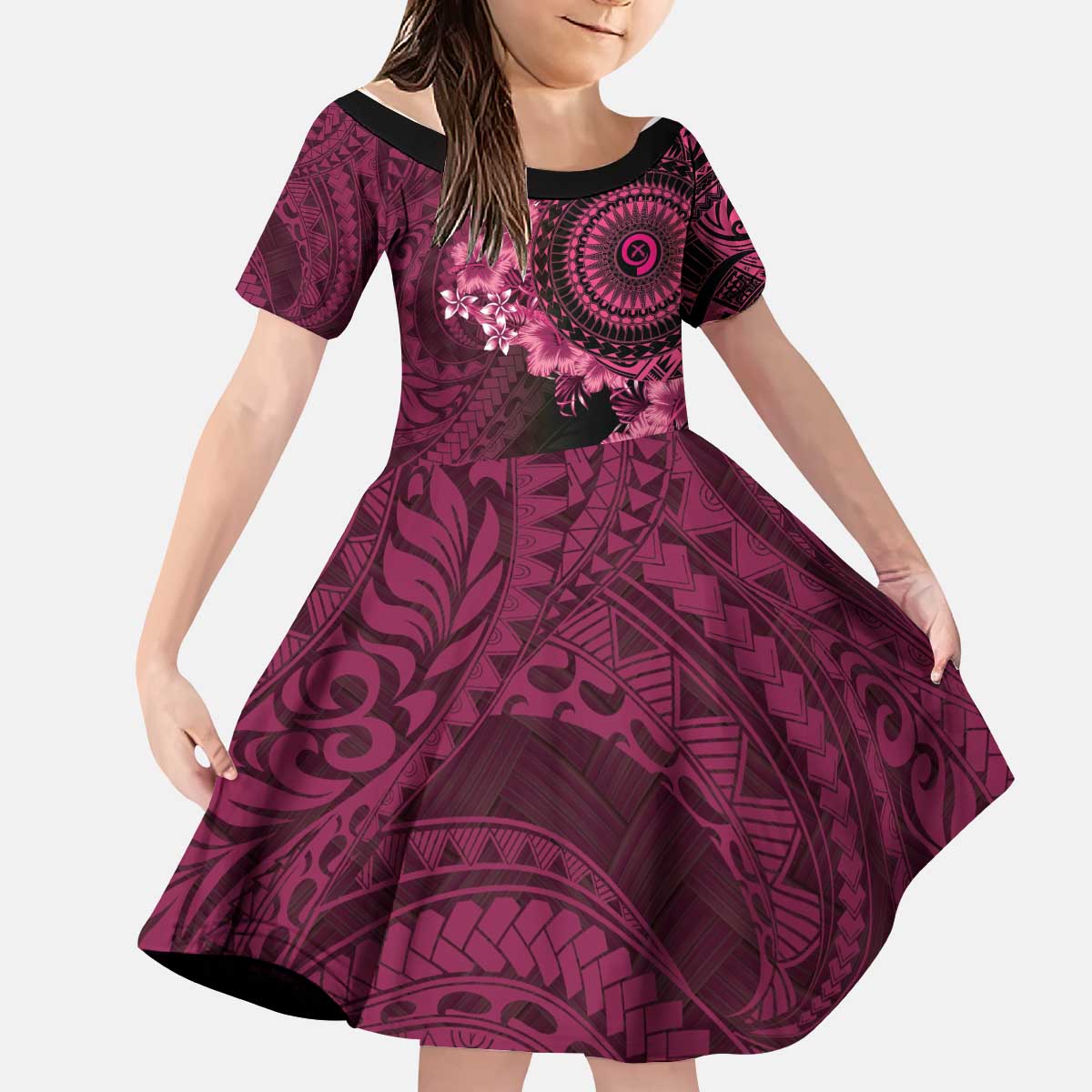 Vanuatu Kid Short Sleeve Dress Hibisus Polynesian Pattern Pink - Polynesian Pride