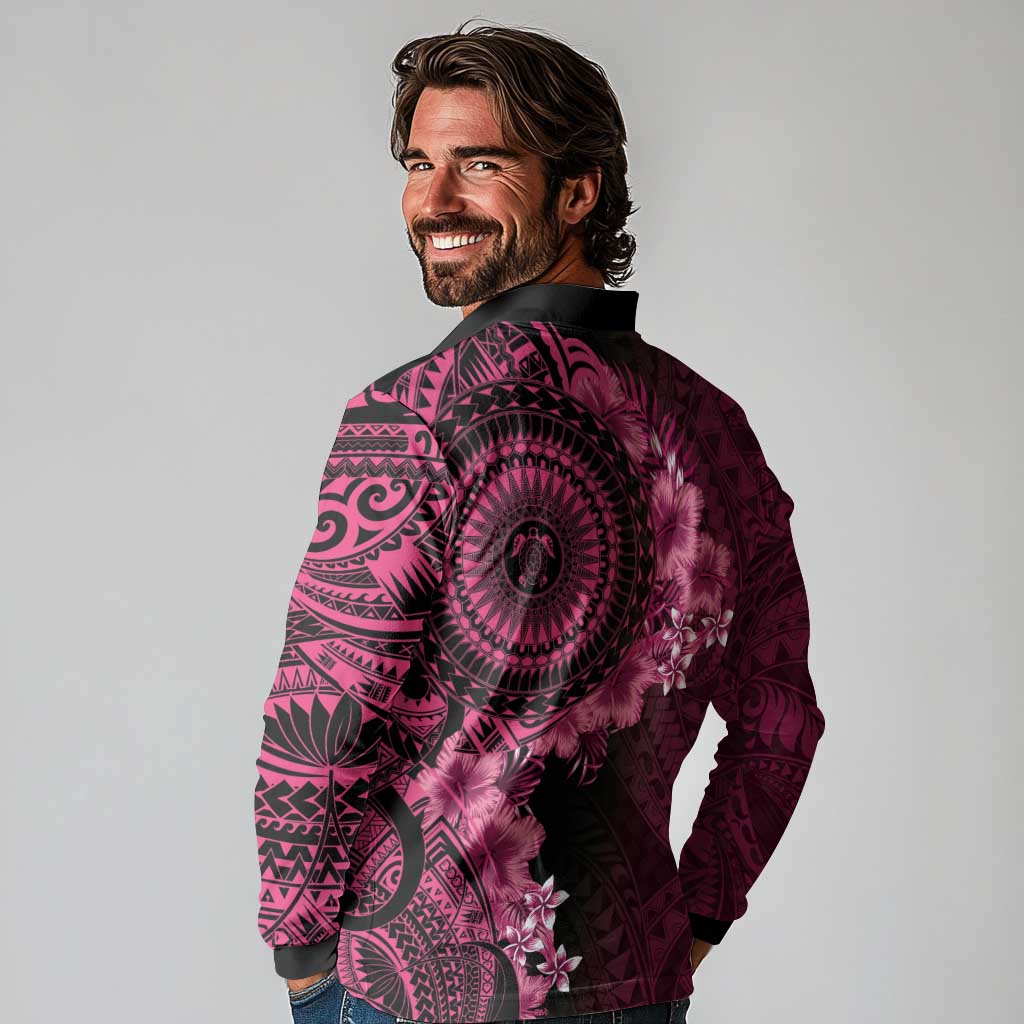 Vanuatu Long Sleeve Polo Shirt Hibisus Polynesian Pattern Pink - Polynesian Pride