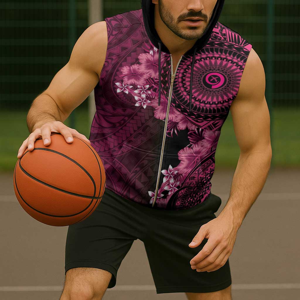 Vanuatu Sleeveless Zip Hoodie Hibisus Polynesian Pattern Pink - Polynesian Pride