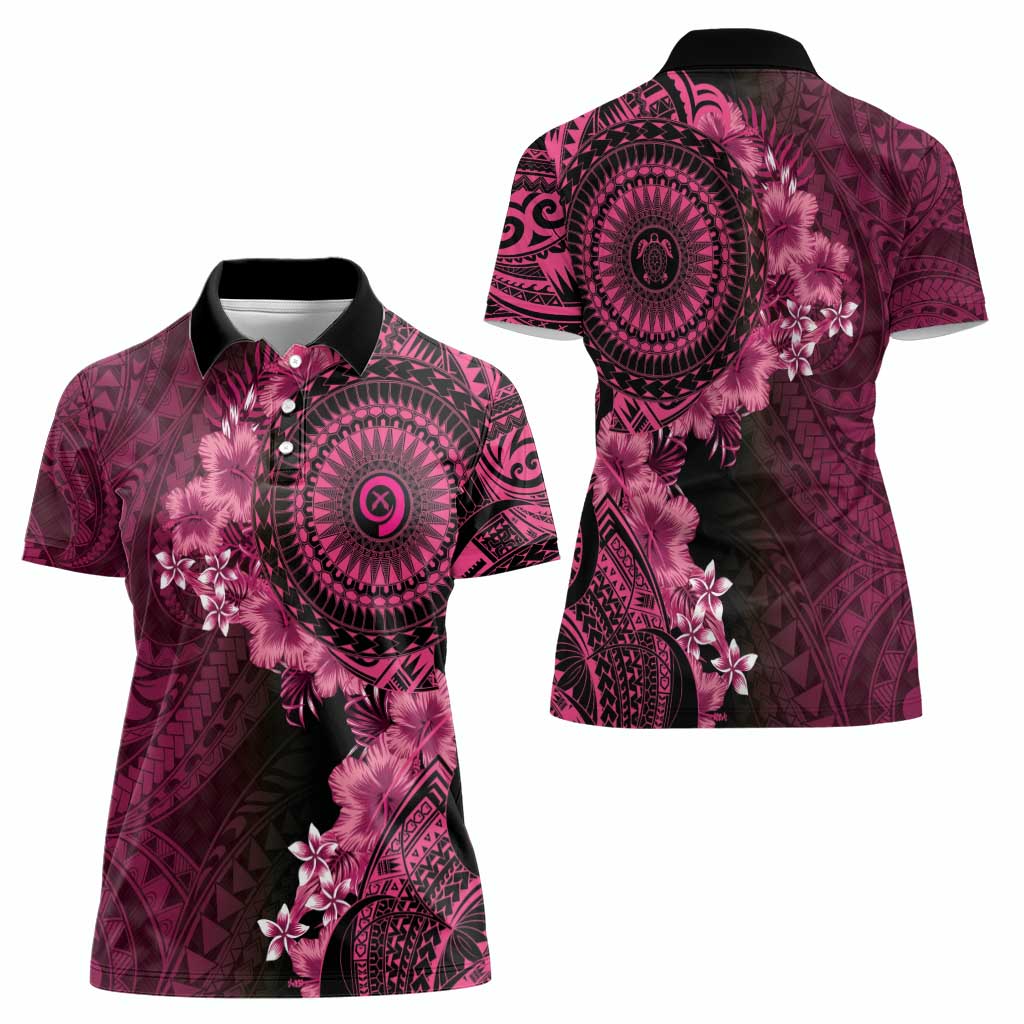 Vanuatu Women Polo Shirt Hibisus Polynesian Pattern Pink - Polynesian Pride
