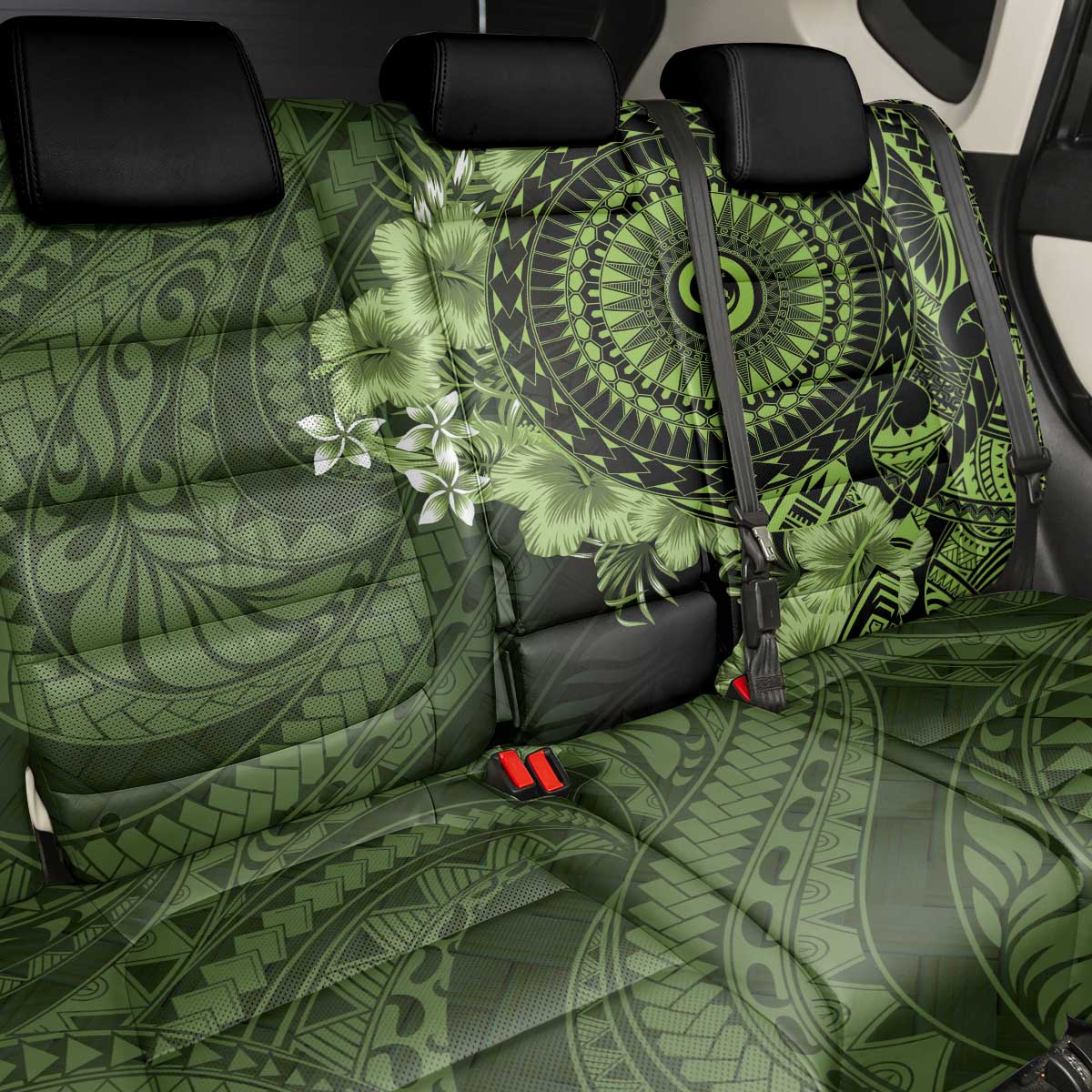Vanuatu Back Car Seat Cover Hibisus Polynesian Pattern Green - Polynesian Pride