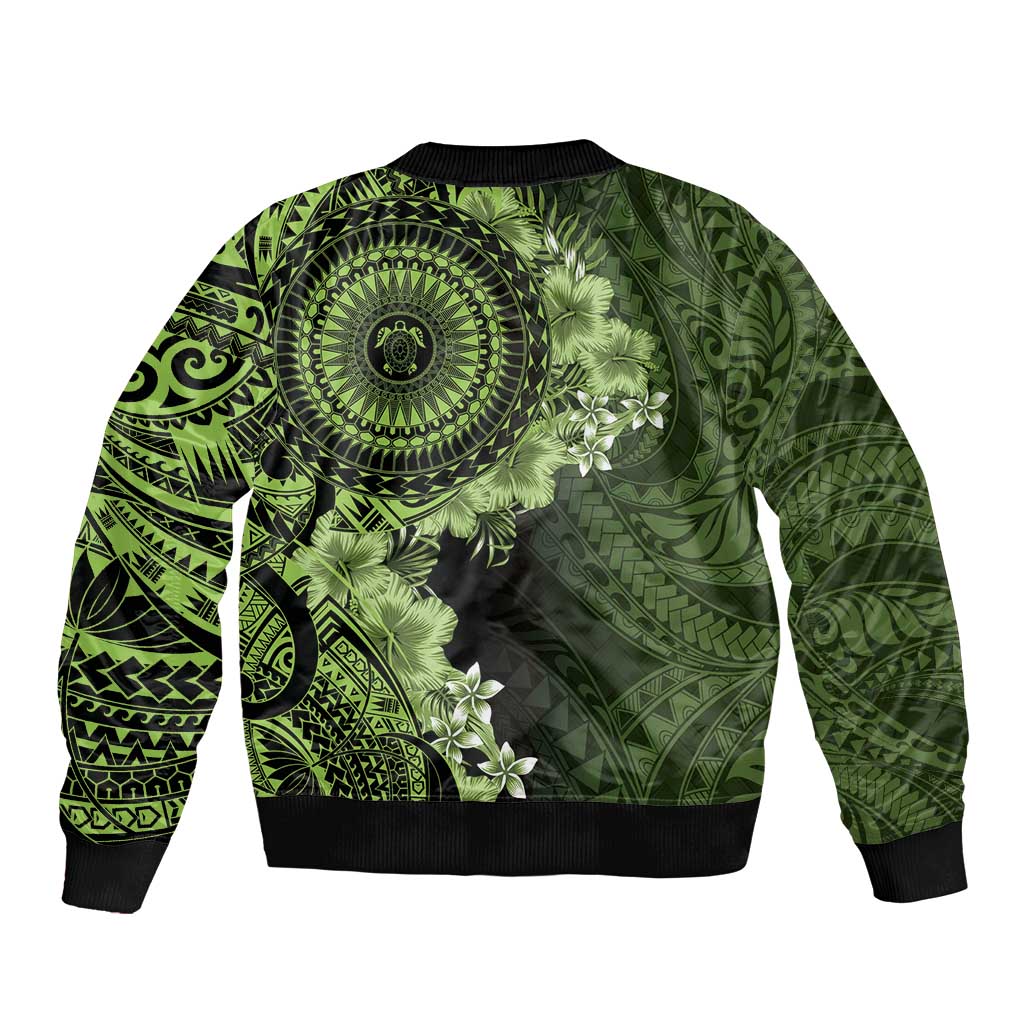 Vanuatu Bomber Jacket Hibisus Polynesian Pattern Green - Polynesian Pride