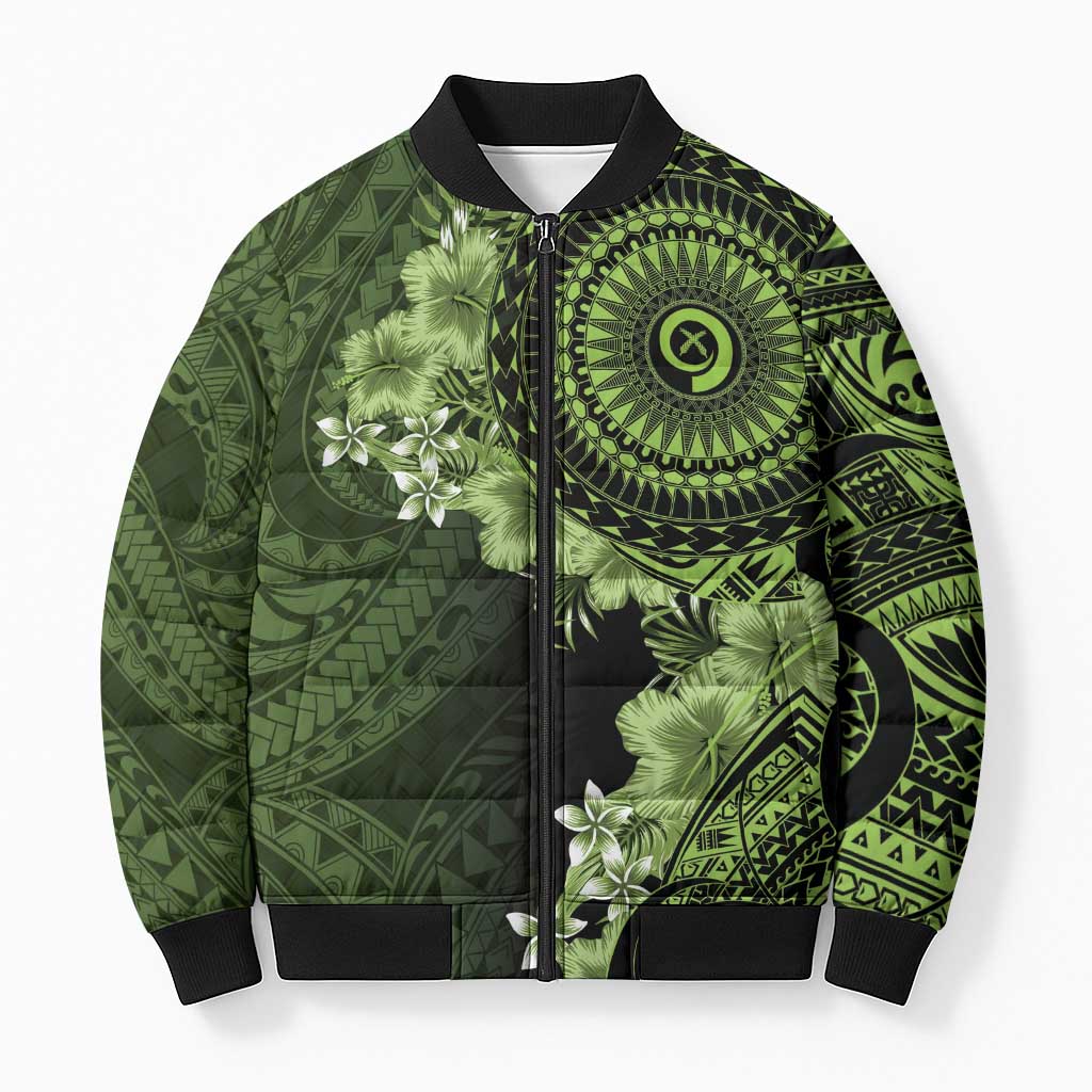 Vanuatu Bomber Puffer Jacket Hibisus Polynesian Pattern Green - Polynesian Pride