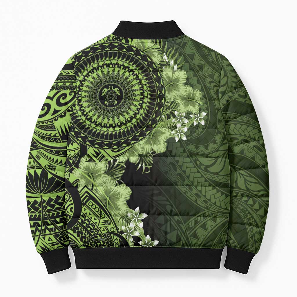 Vanuatu Bomber Puffer Jacket Hibisus Polynesian Pattern Green LT14 - Polynesian Pride