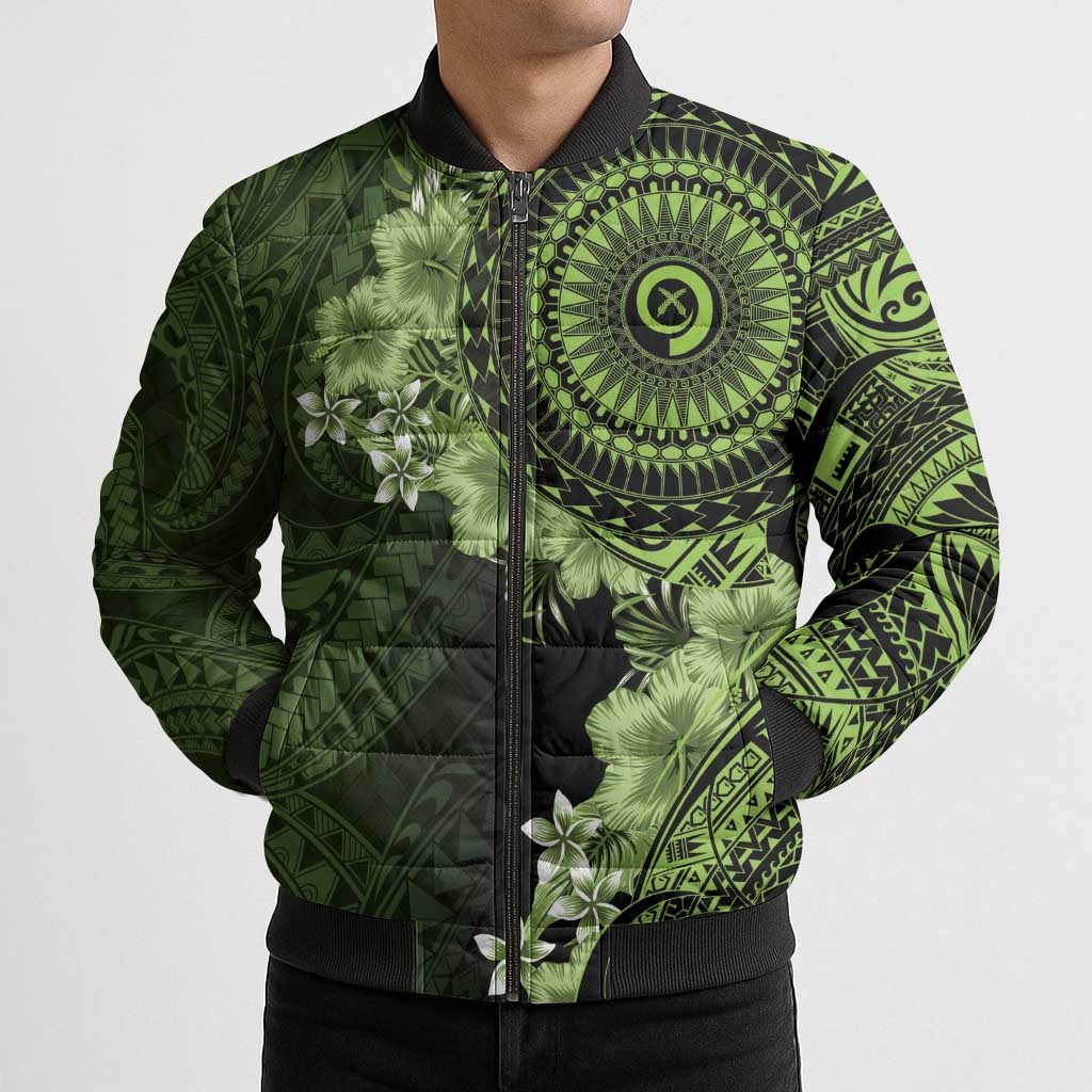 Vanuatu Bomber Puffer Jacket Hibisus Polynesian Pattern Green LT14 - Polynesian Pride