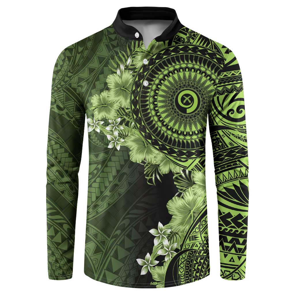 Vanuatu Button Sweatshirt Hibisus Polynesian Pattern Green - Polynesian Pride