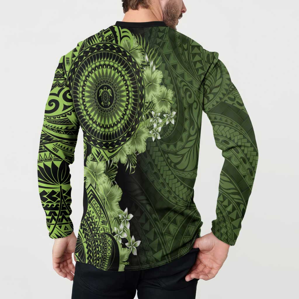 Vanuatu Button Sweatshirt Hibisus Polynesian Pattern Green - Polynesian Pride