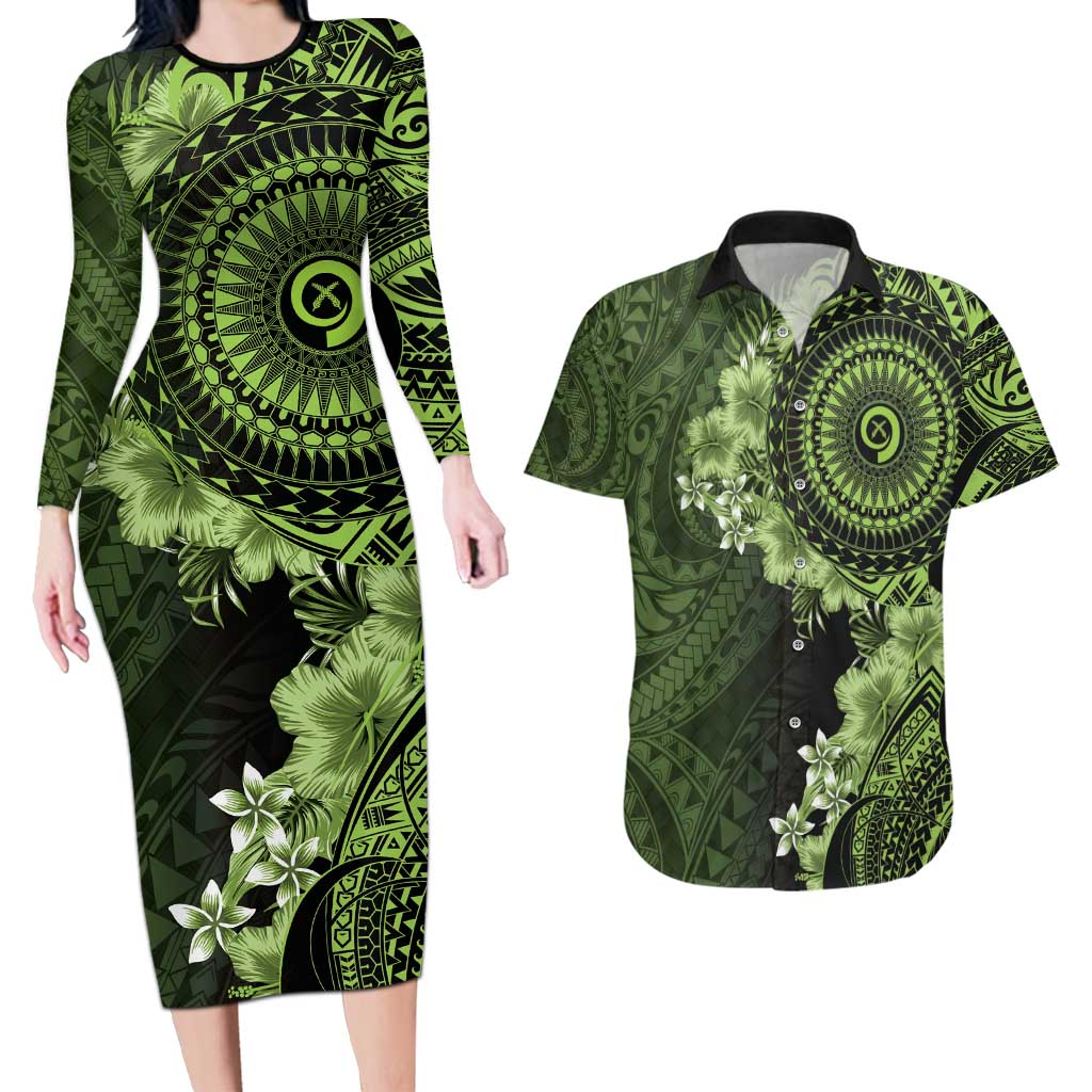 Vanuatu Couples Matching Long Sleeve Bodycon Dress and Hawaiian Shirt Hibisus Polynesian Pattern Green - Polynesian Pride