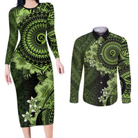 Vanuatu Couples Matching Long Sleeve Bodycon Dress and Long Sleeve Button Shirt Hibisus Polynesian Pattern Green - Polynesian Pride
