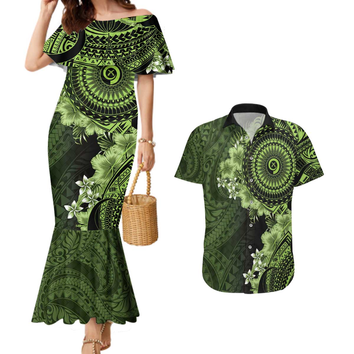Vanuatu Couples Matching Mermaid Dress and Hawaiian Shirt Hibisus Polynesian Pattern Green - Polynesian Pride
