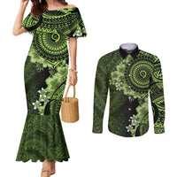 Vanuatu Couples Matching Mermaid Dress and Long Sleeve Button Shirt Hibisus Polynesian Pattern Green - Polynesian Pride