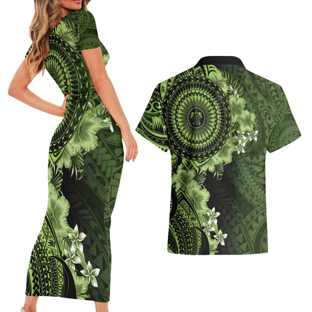 Vanuatu Couples Matching Short Sleeve Bodycon Dress and Hawaiian Shirt Hibisus Polynesian Pattern Green - Polynesian Pride