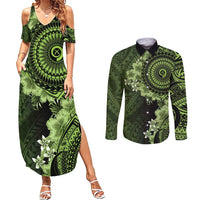 Vanuatu Couples Matching Summer Maxi Dress and Long Sleeve Button Shirt Hibisus Polynesian Pattern Green - Polynesian Pride